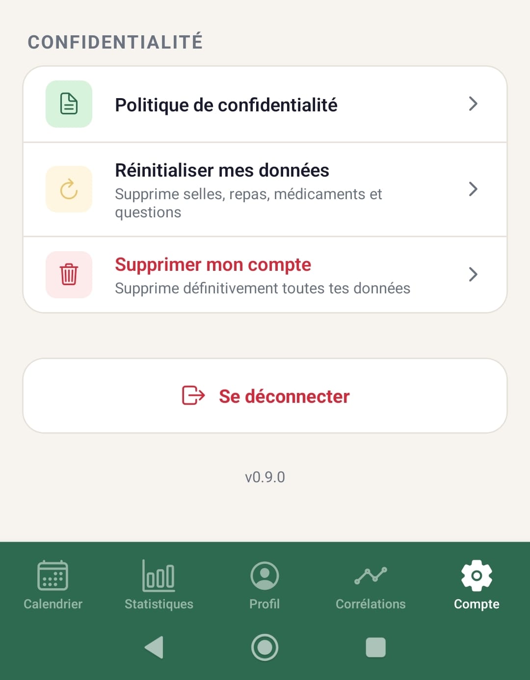Capture d'écran de la section Confidentialité dans l'application MICI Tracker